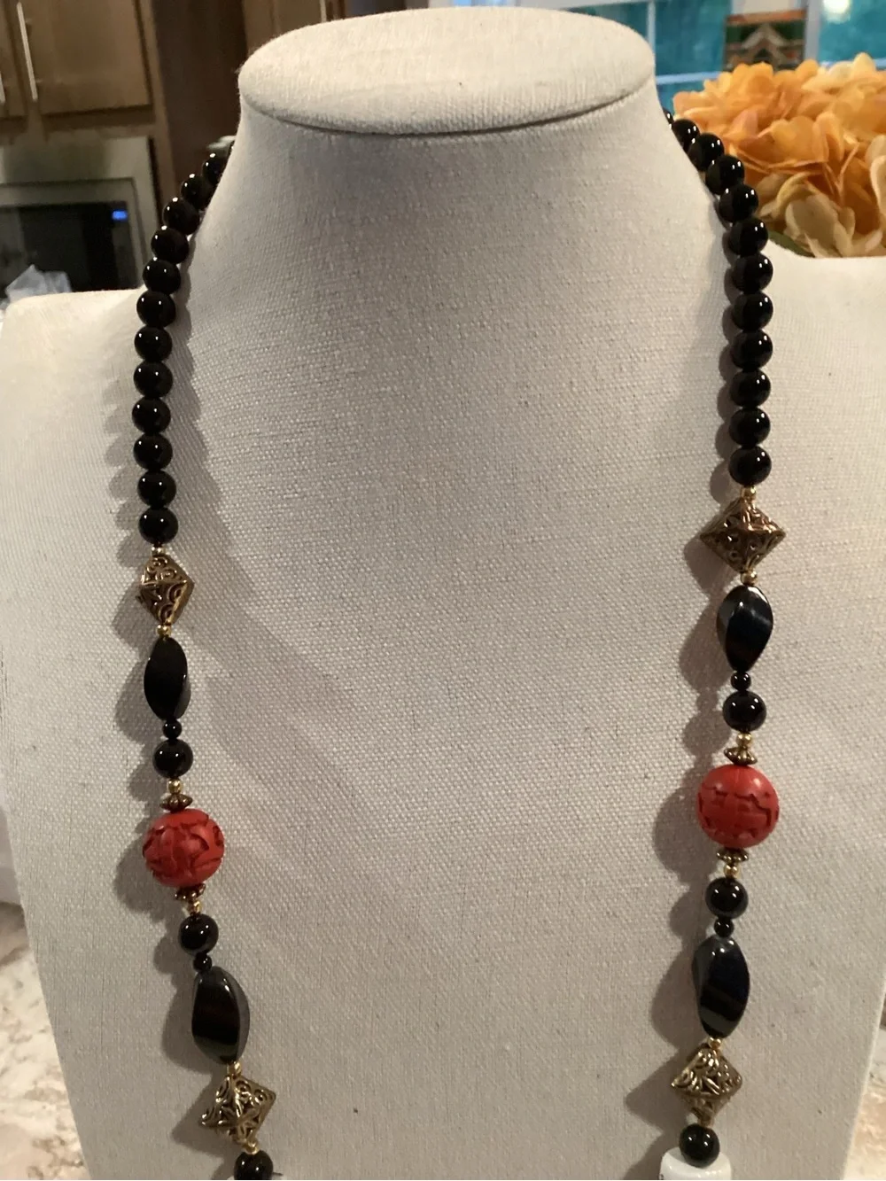Black and Red Cinnabar and Ceramic Beaded Statement Necklace Oriental Design